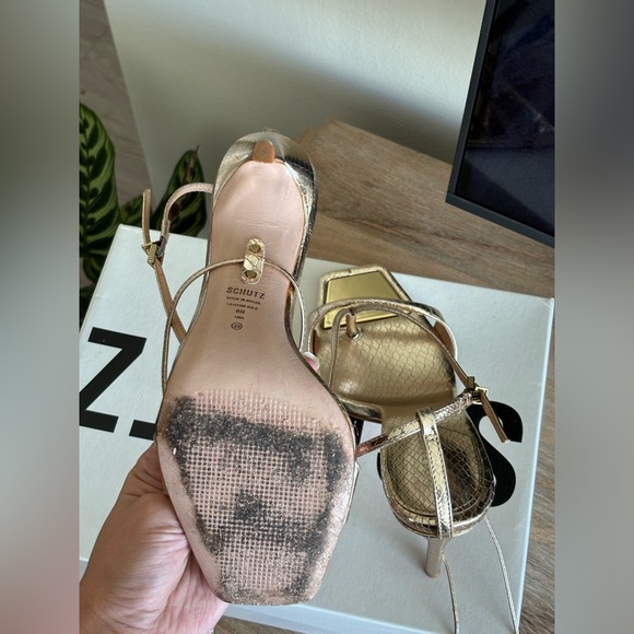 Schutz Gold Snake Print Strappy Heel - Picture 8 of 8